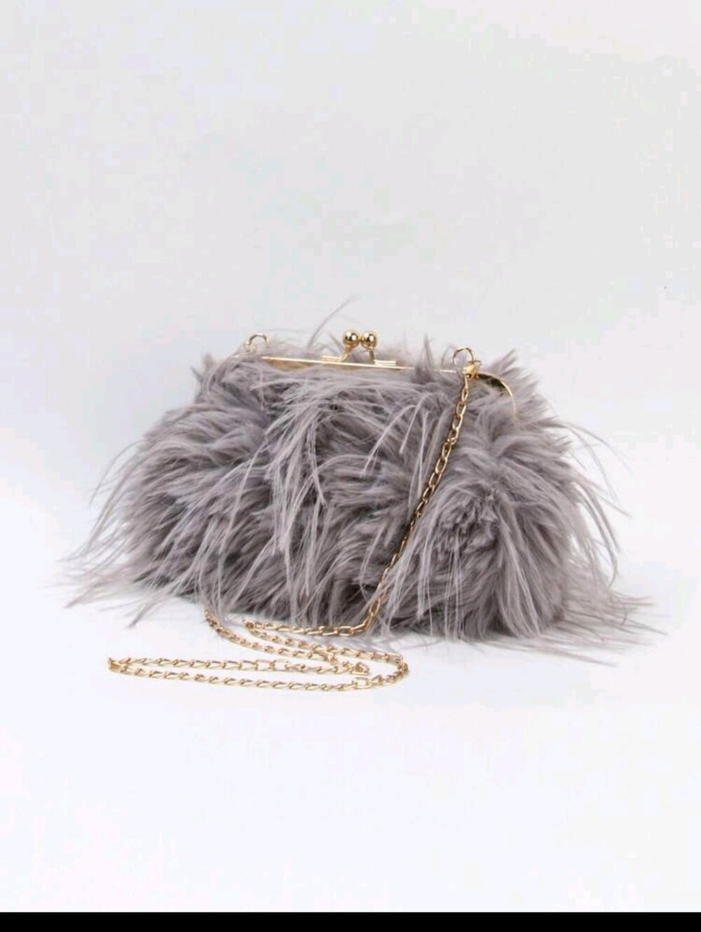 BRAND NEW ** Gray Faux Fur Clutch with Gold Chain